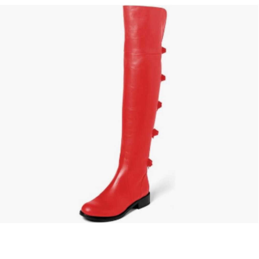 XYD Red Over The Knee Thigh High Riding Boots Chunky Heel Round Toe Bows Shoes